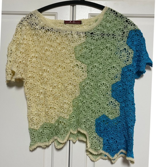 Crochet Knit Top Multicolor Floral Lace Yellow Green Blue Boho Festival - Picture 1 of 5